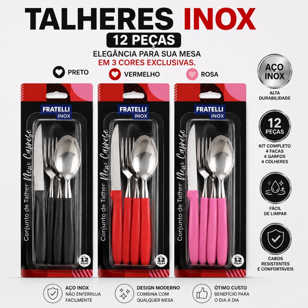 Conjunto Talheres Inox Premium 12 Pecas Preto Vermelho Rosa Design Elegante Resistente Cozinha