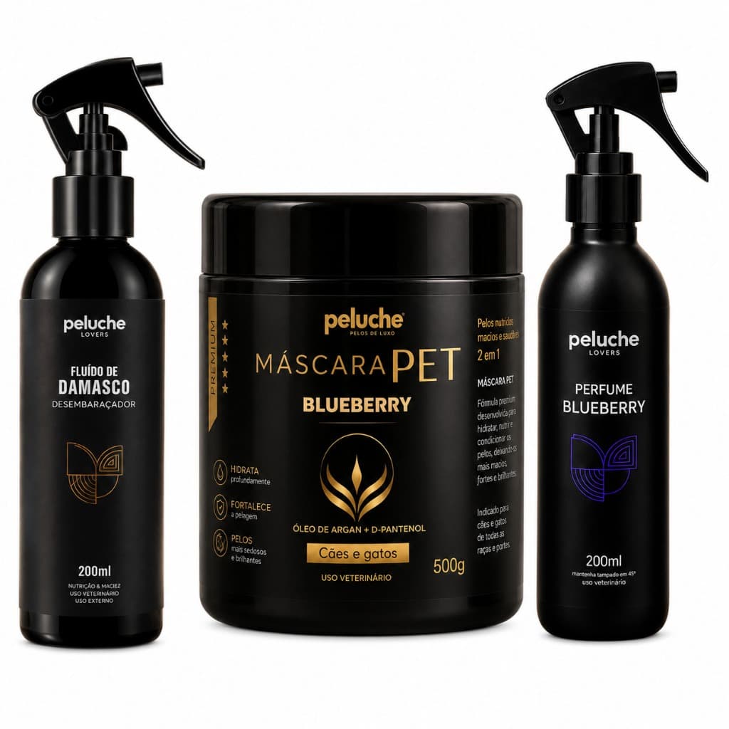 Kit Hidratação Pet Máscara Blueberry 500g Fluído Desembaraçador 200ml Perfume Blueberry Peluche Cães Gatos
