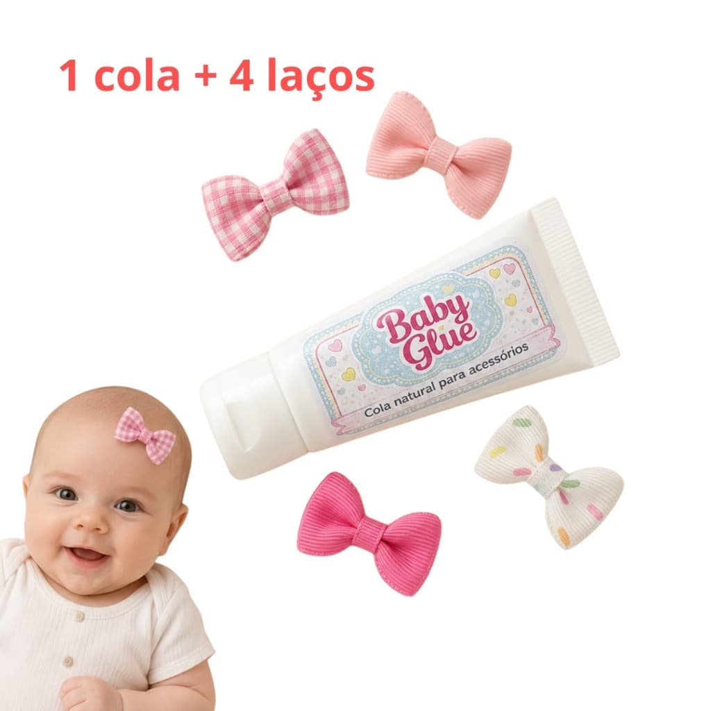 Kit Baby Glue Cola para Laço de Bebê + 4 Laços  para RN Menina, Recém-Nascida e Bebê Sem Cabelo
