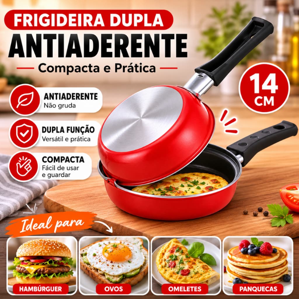 Frigideira Dupla Omeleteira Antiaderente 14cm para Hambúrguer Ovo Tapioca e Lanches Fácil de Limpar