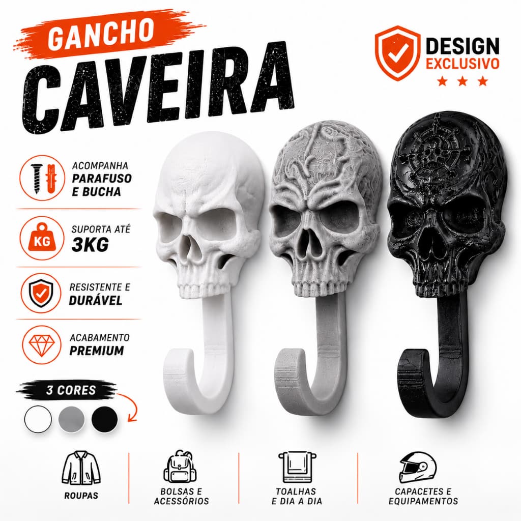 Gancho de Parede Caveira Decorativo 3D Dark Gothic Hall Quarto Chaves Bolsa Casaco