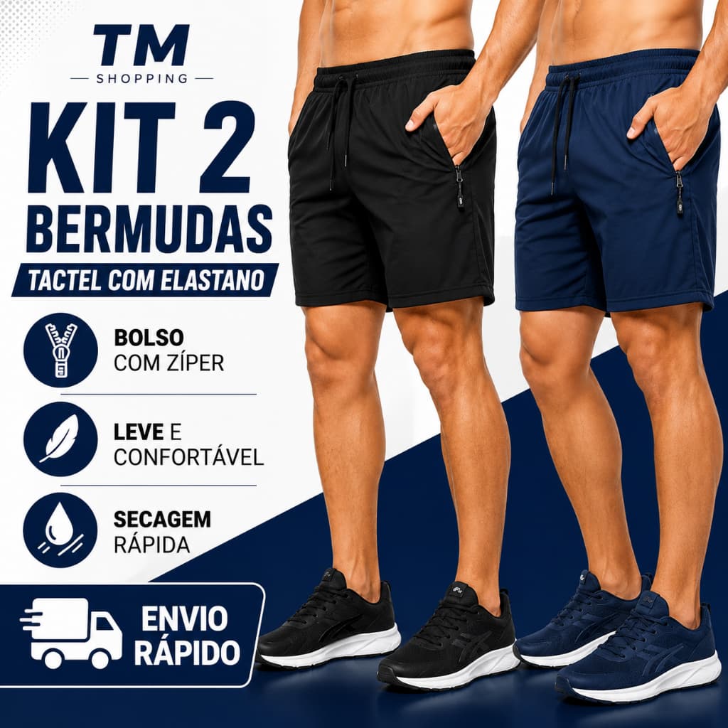 Kit 2 Bermudas Masculinas Tactel com Elastano Bolso com Zíper Academia Corrida Praia Treino Casual Secagem Rápida
