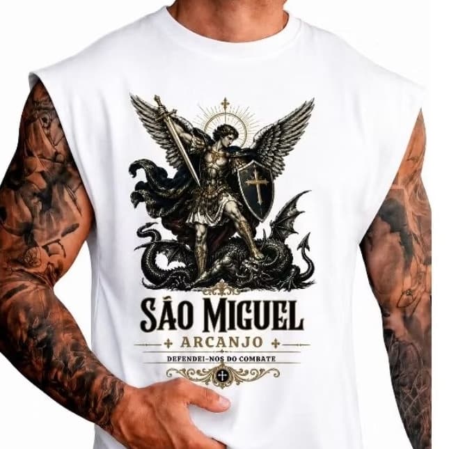 Regata Oversized São Miguel Arcanjo 100% Algodão Estampa Católica Streetwear Masculina Unissex Academia