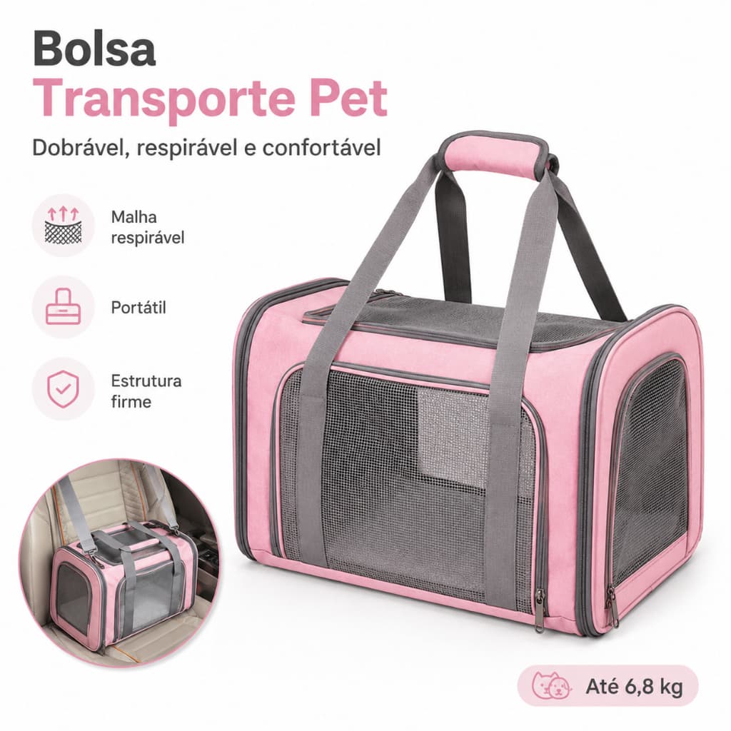 Bolsa de Transporte Pet Dobrável com Tela Respirável para Cães e Gatos até 6,8kg