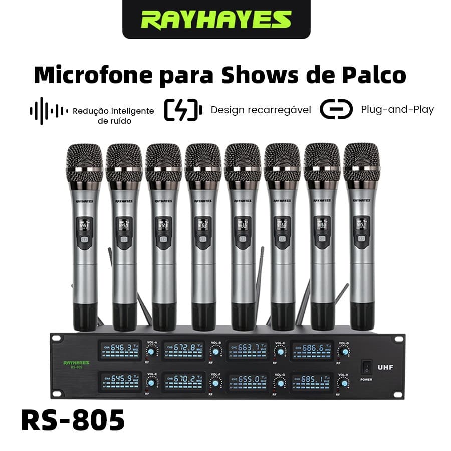 Microfone Sem Fio UHF Profissional 8 Canais Receptor Estável para Igreja Reunião Palestra Show Karaokê Rayhayes RS-805