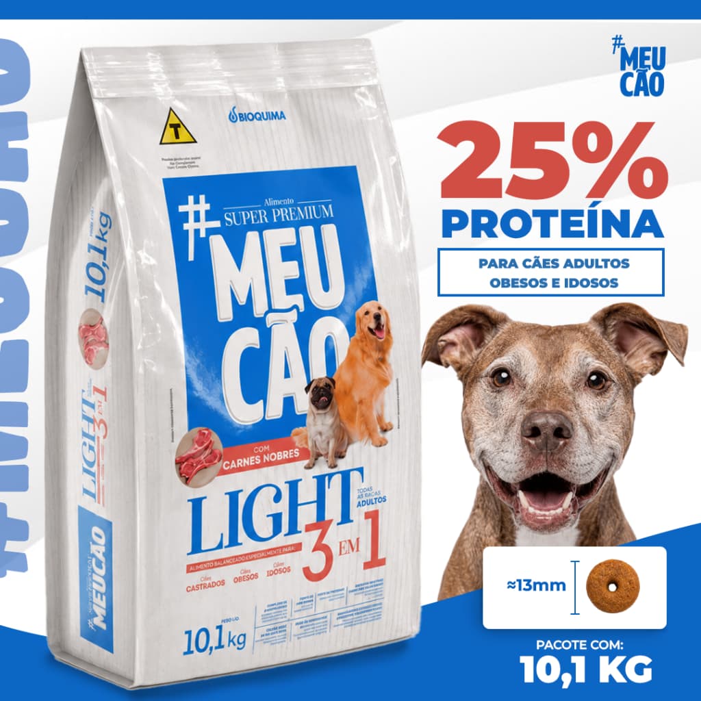 Ração Cachorro Light 10kg Meu Cão Prime 3 em 1 Castrado Idoso Obeso Carnes Nobres