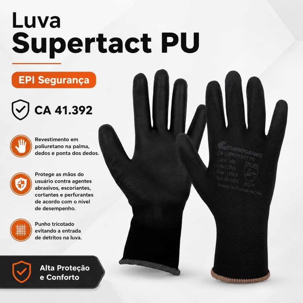 Luva Segurança EPI Supertact 9 PU Preta CA 41392 Proteção Trabalho Antiderrapante Profissional