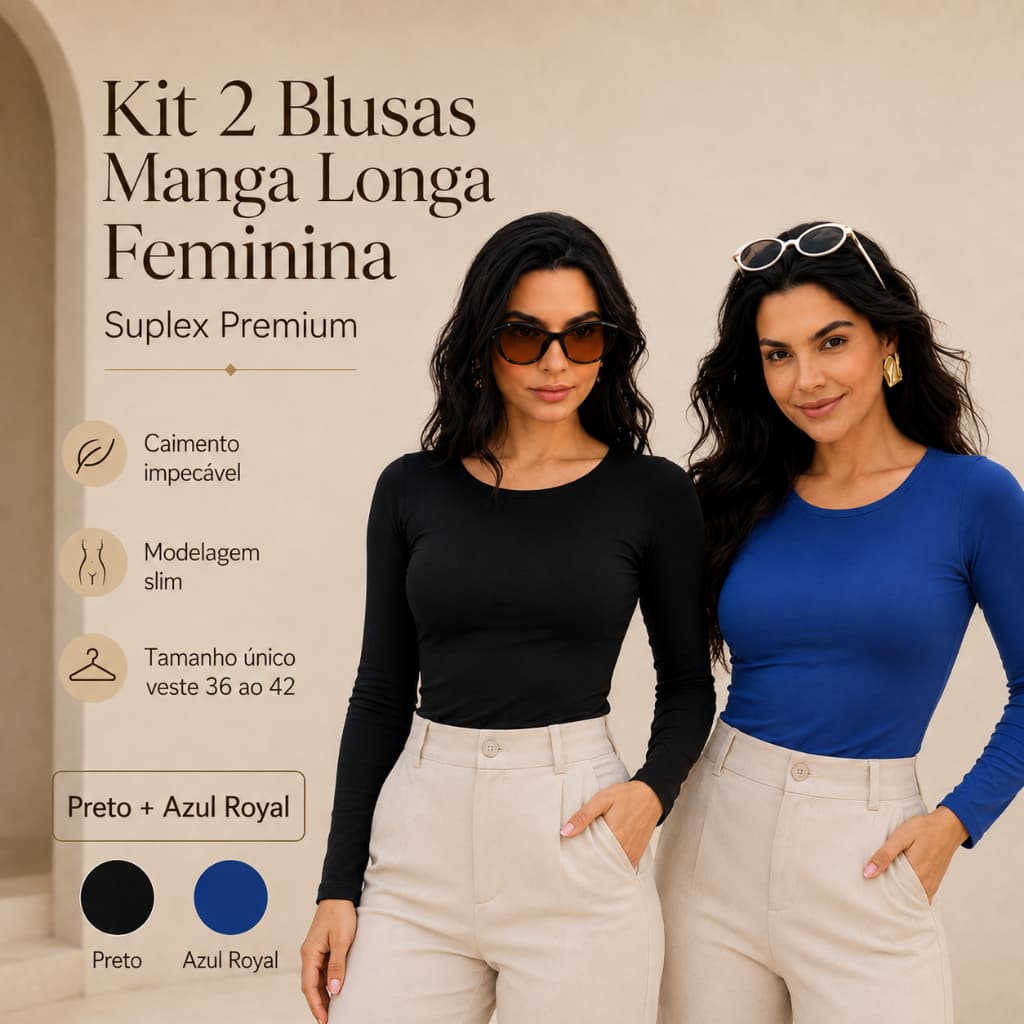 Kit 2 Blusas Manga Longa Feminina Lisa Básica Gola Redonda Tecido Suplex Premium