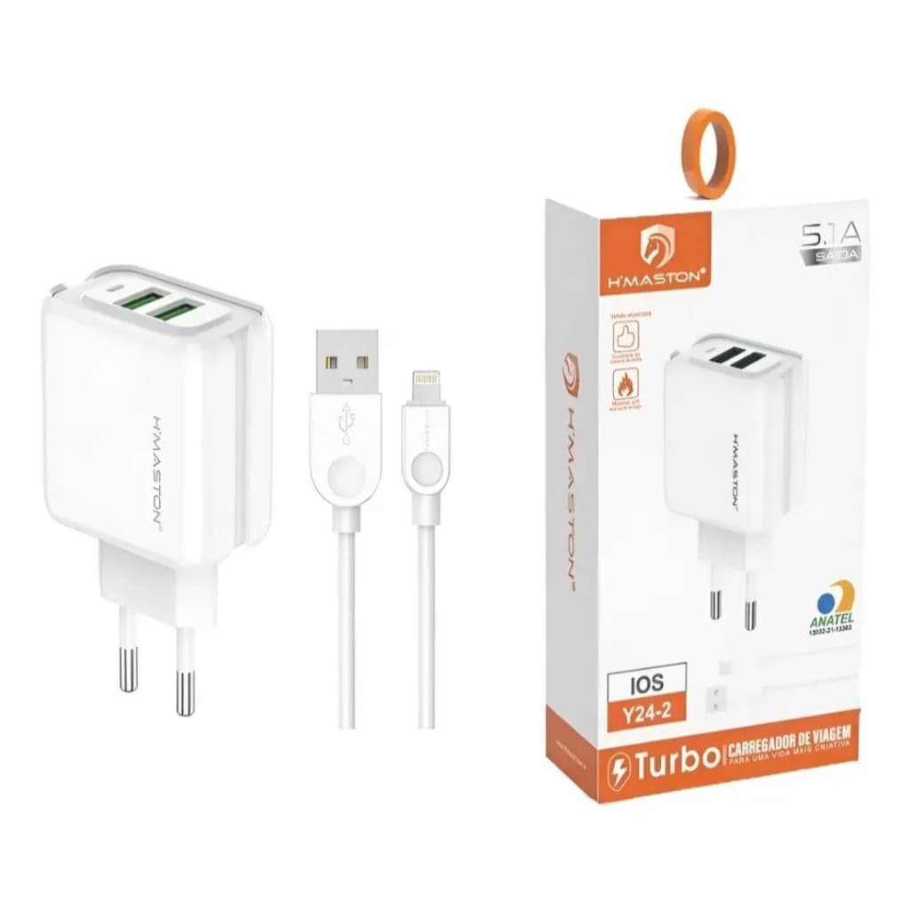 Carregador Turbo 5.1A Duplo 2 Usb Ios Micro H'Maston Y-24-2 Carregador Celular Portátil 25 W