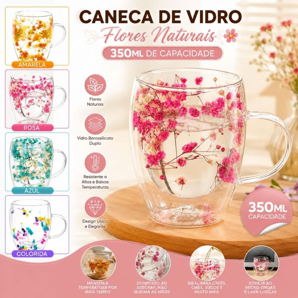 Xícara Caneca de Vidro Dupla Camada 350ml com Flor Seca Caneca Premium Transparente Duhome