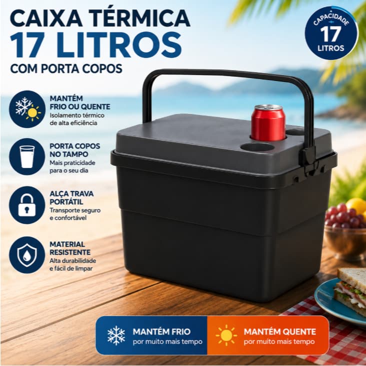 Caixa Térmica 17L Preta com Porta Copo Resistente Frio/Quente- Arqplast