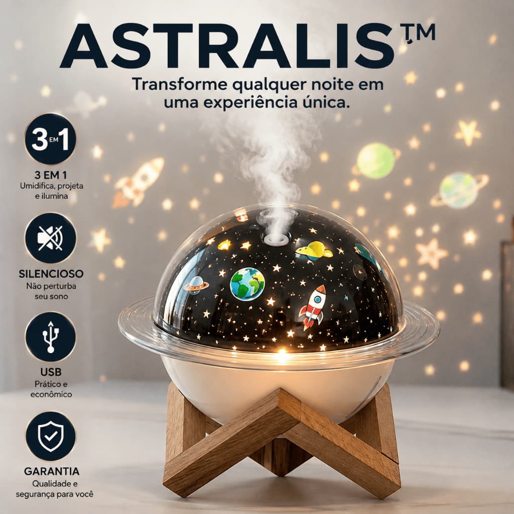 Umidificador De Ar Projetor LED USB 250ml Difusor Vaporizador Silencioso Luz Noturna Céu Estrelado