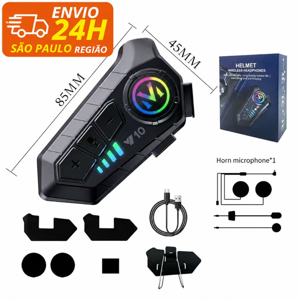 Fone Bluetooth para Capacete Moto V10 Intercomunicador Sem Fio com Microfone e Bateria Longa Duração