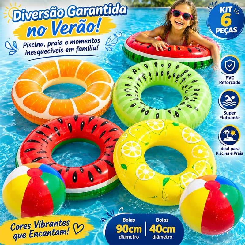 Kit 6 Peças Boia Inflável Frutas Gigantes 90cm Boia Grande Para Piscina + Bola Praia 40cm Verão Infantil Adulto