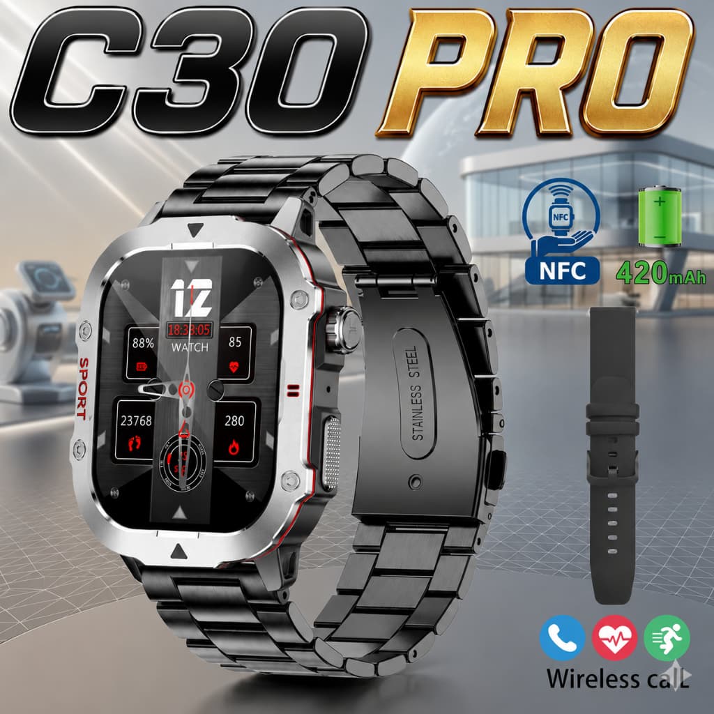 Smartwatch C30 Pro de 2026, com tela de 2.01 NFC polegadas e chamada sem fio via Bluetooth
