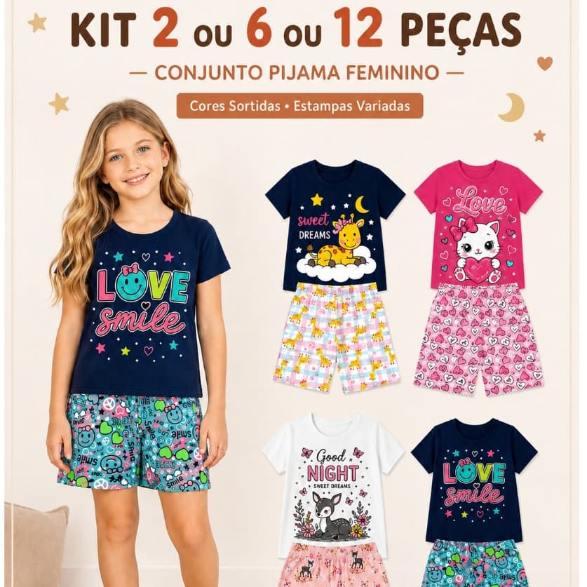 Kit Sortido de 2 ou 6 ou 12 Peças de Pijamas Feminino Roupa Infantil Menina Verão Tam 1 ao 14 Brilha no Escuro