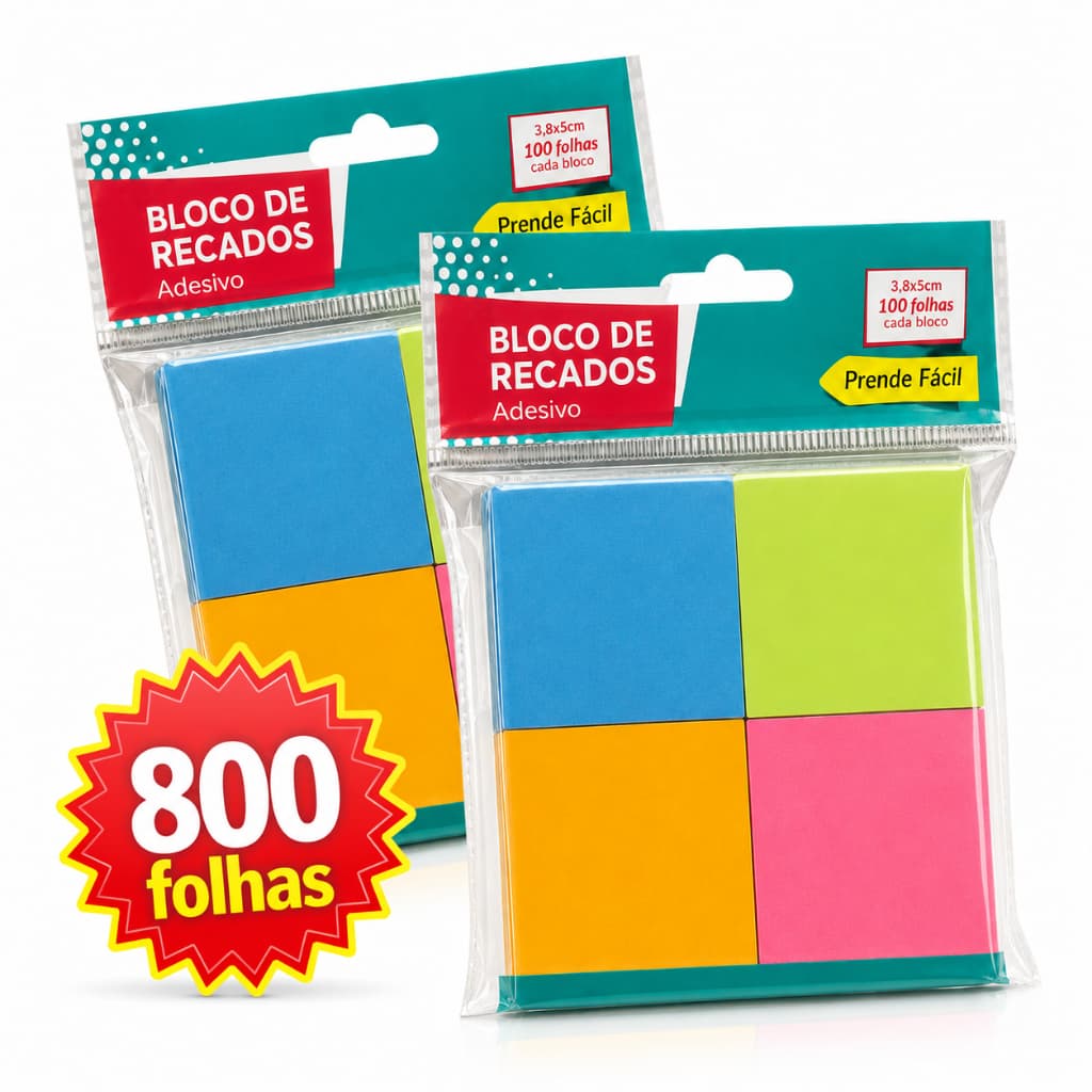 Kit 2 Bloco Adesivo Post-It Tropical 4 Cores 800 Folhas Papelaria Material de Escritório