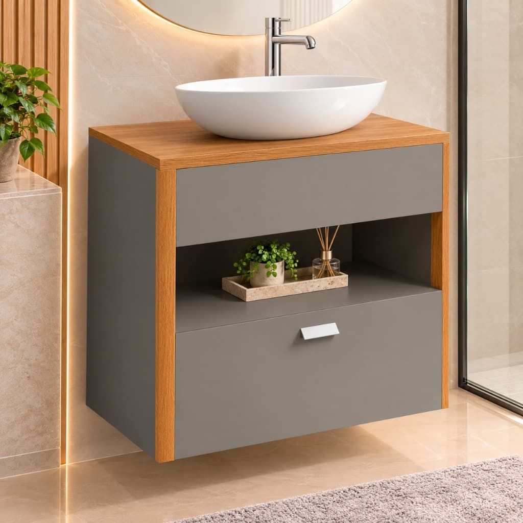 Gabinete para Banheiro Santorini com Cuba Titanium Naturalle Nicho Organizador Moderno - JB Bechara