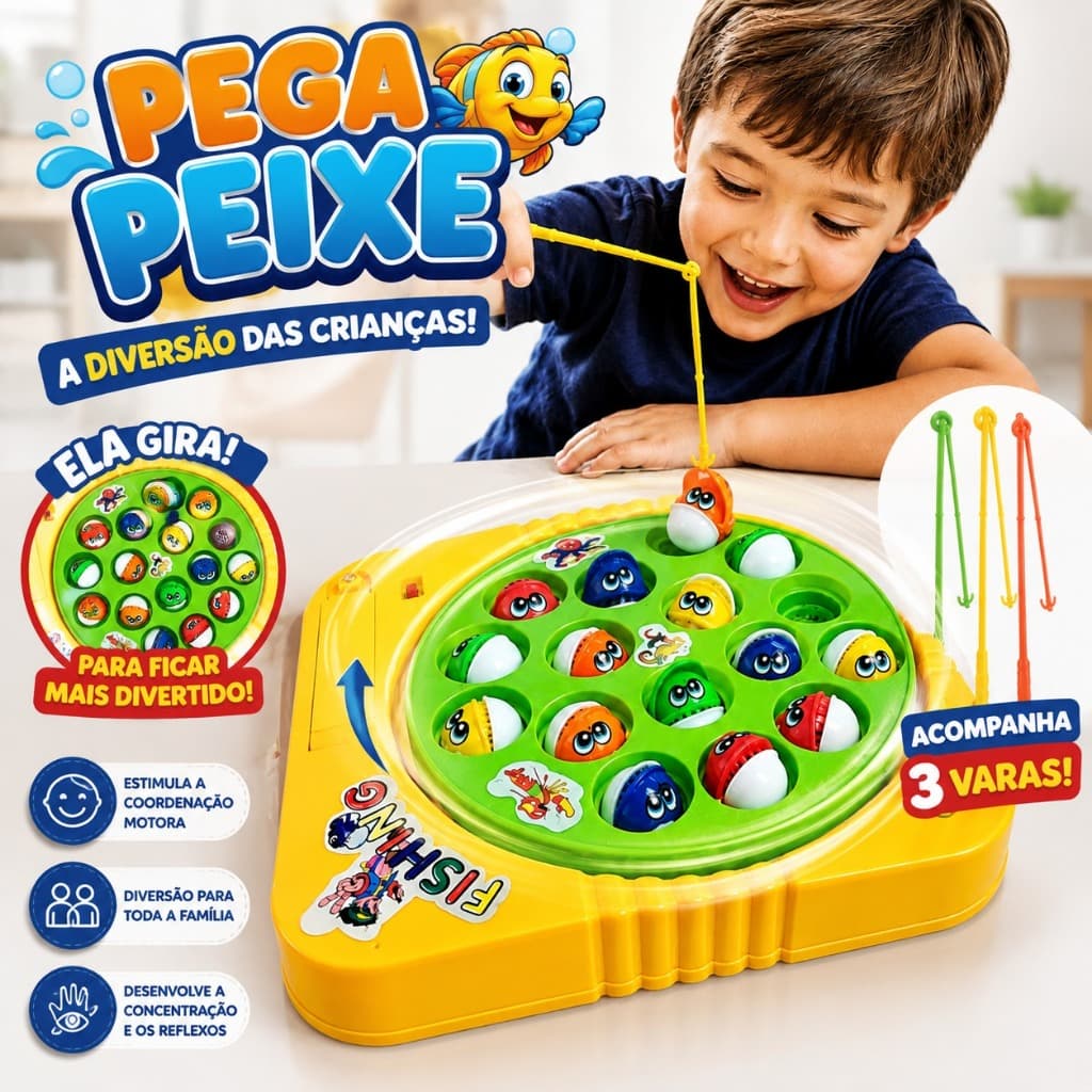 Brinquedo Pega Peixe Infantil Com 3 Varas E Peixinhos