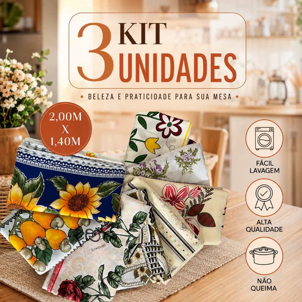 Kit 3 Toalhas de Mesa 6 Lugares Retangular Tecido Oxford Lavável para Cozinha Sala de Jantar