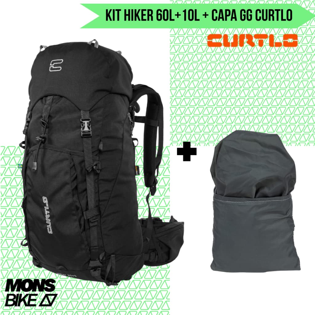 Kit Mochila Curtlo Hiker 35+5L Preto + Capa Impermeavel Para Mochila Raincover Chumbo M Para Trilha