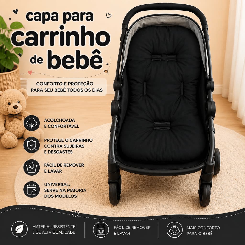 Capa para carrinho de bebê cor Preta acolchoada tamanho universal galzerano cosco burigotto Chicco