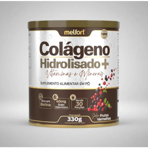 Colágeno Hidrolisado Melfort 330g + Vitaminas Minerais Biotina Ácido Hialurônico Frutas Vermelhas