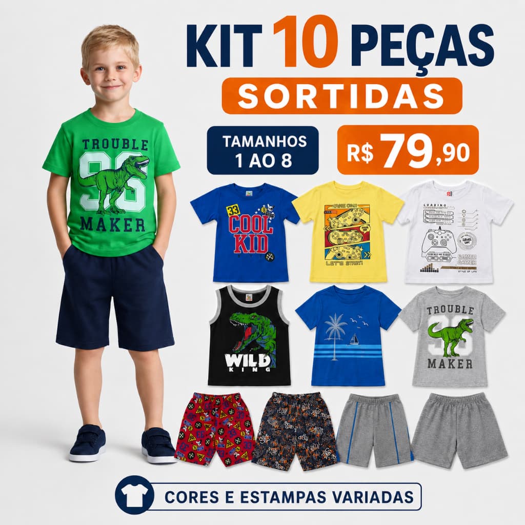 Kit 10 Peças Sortidas Infantil Menino 5 Camisetas + 5 Bermudas Tamanho 1 ao 8 Conjunto Menino Criança