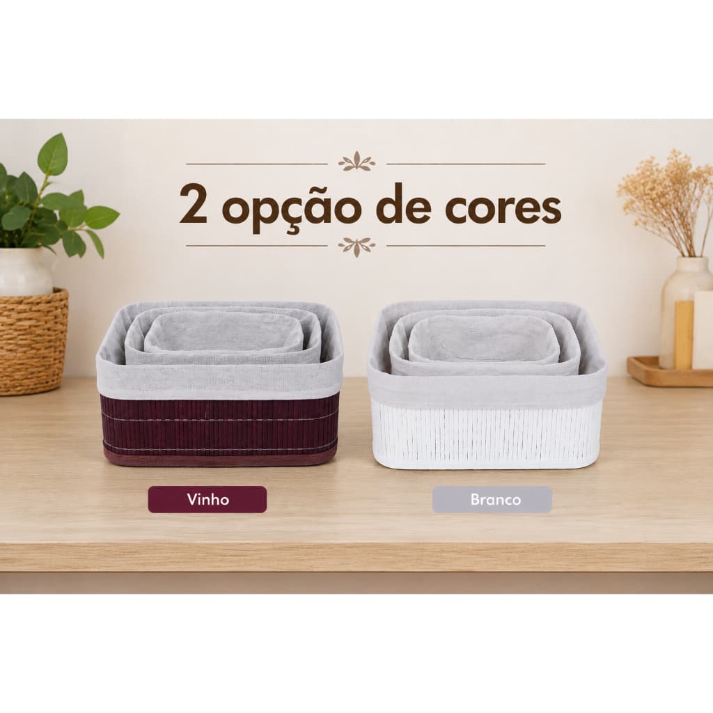 Kit 3 Cestos Organizadores De Bambu Com Tecido Caixas Multiuso Mesa Quarto Banheiro Armário  C
