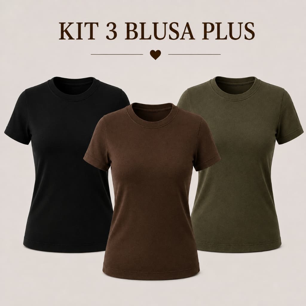 Kit 3 Blusas Feminina Plus Size G1 ao G3 Manga Curta Ribana Básica Casual T Shirt Camiseta Tee P005