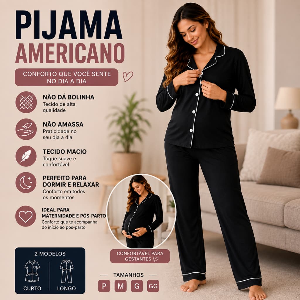 Pijama Amamentação Americano  Baby Doll Cirurgico Com Botões Suede Premium Feminino Leve Confortável Gestante Luxo