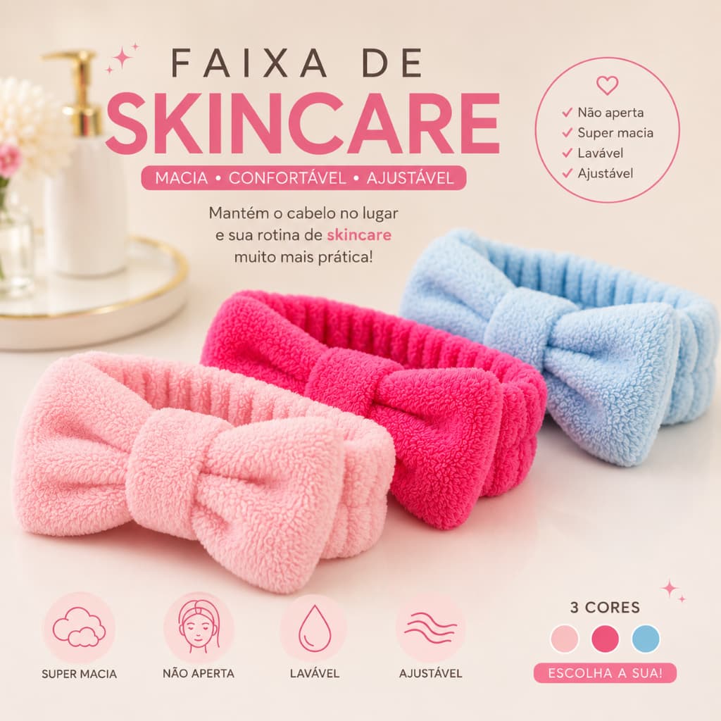 Faixa de Cabelo para Skincare e Maquiagem com Laço Pelúcia Rosa Claro Rosa Pink Azul Bebê