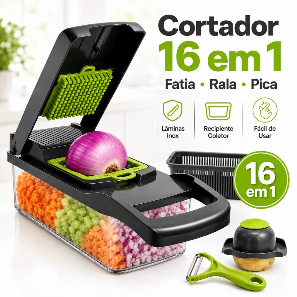 Cortador de Legumes Multifuncional 16 em 1 com Lâminas Intercambiáveis, Ralador, Fatiador e Recipiente