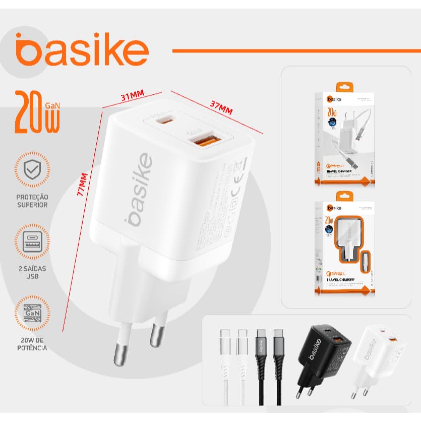 BASIKE Kit Carregador GaN 20W Turbo PD QC Duas Portas USB-A+USB-C Portátil Viagem+Cabo USB-C para iOS Xiaomi Samsung