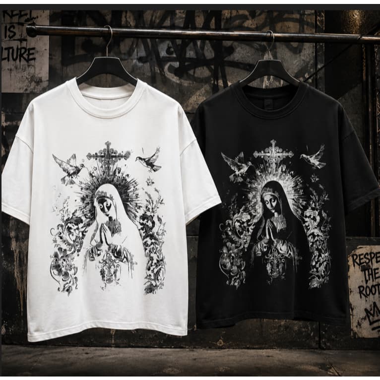 Kit 02 Camiseta Oversized Streetwear Nossa Senhora Cruz Vintage Oversized Algodão Premium