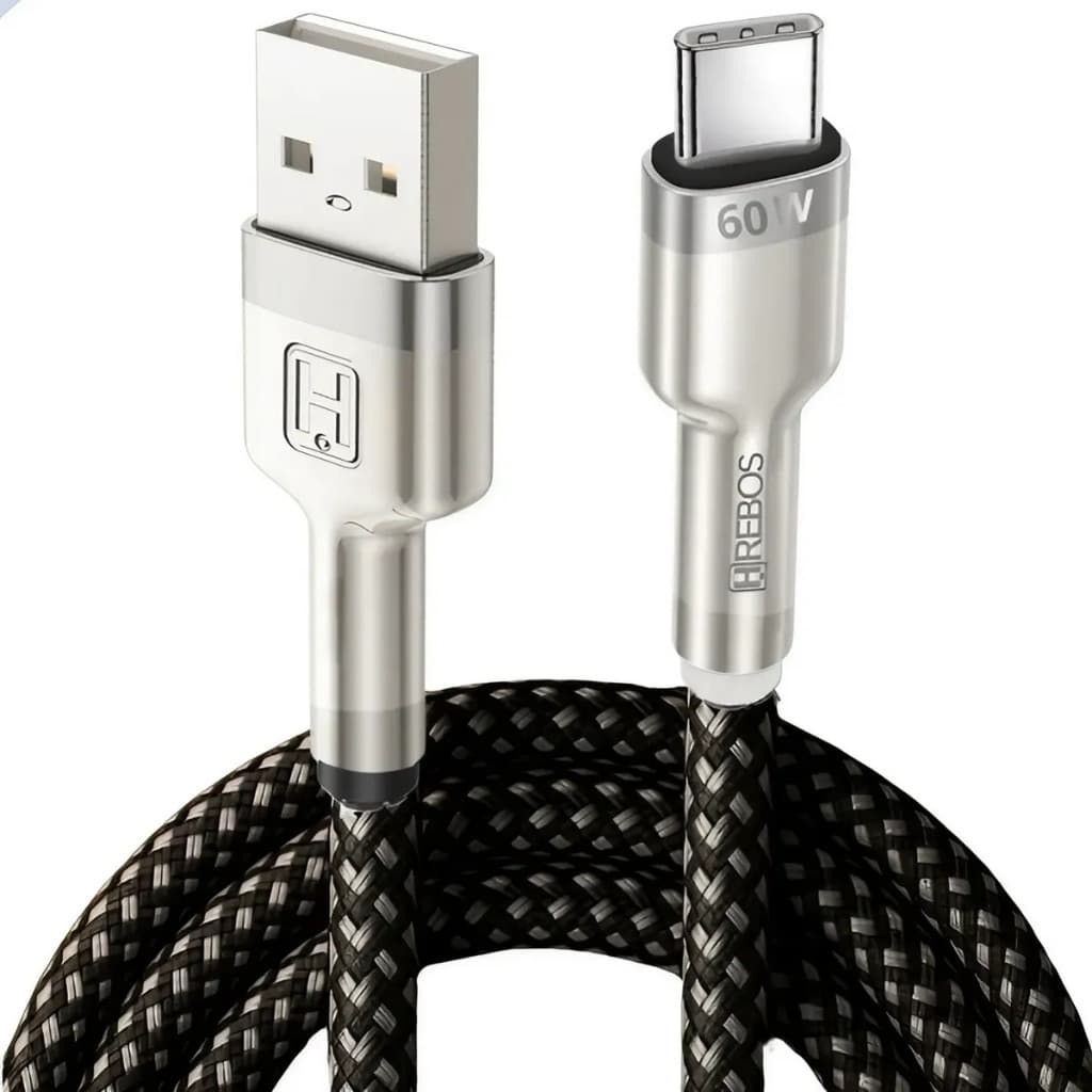 Cabo USB Tipo C USB-C Hrebos 60W 2 Metros Turbo Carga Rápida Trançado Reforçado Dados Celular Preto