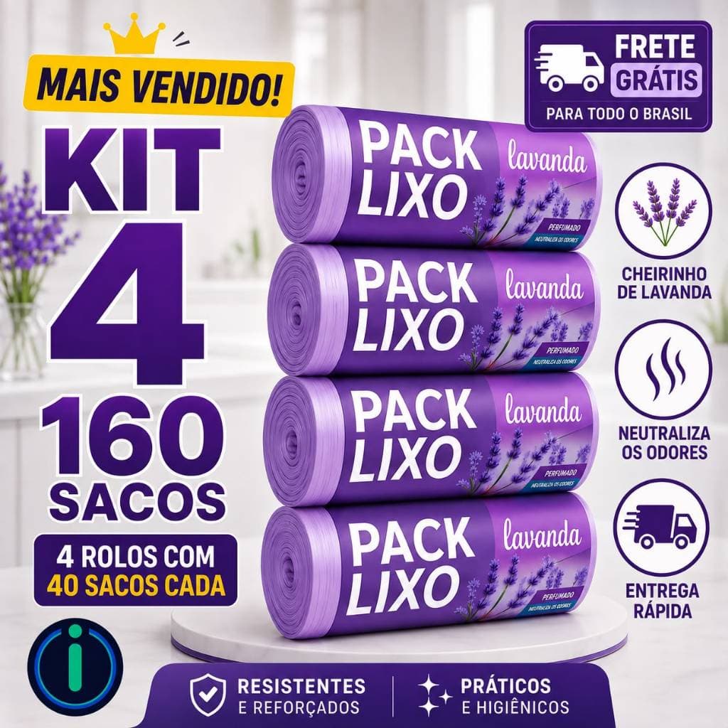 Kit 4 Saco de Lixo Perfumado Lavanda 160 Unidades Sacos Resistente Fragrância Suave