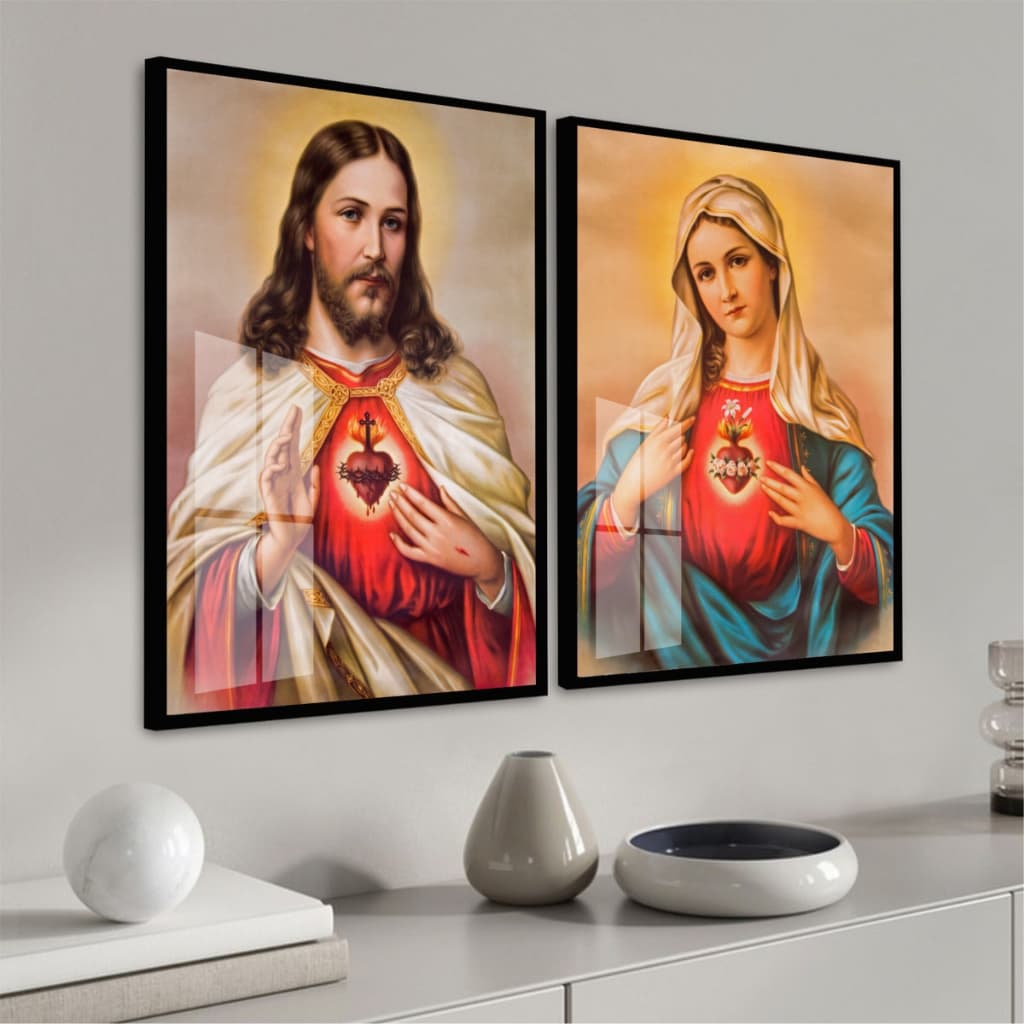 Kit De Quadros Decorativos Devoção Sagrado Coração De Jesus e Imaculado Coração De Maria