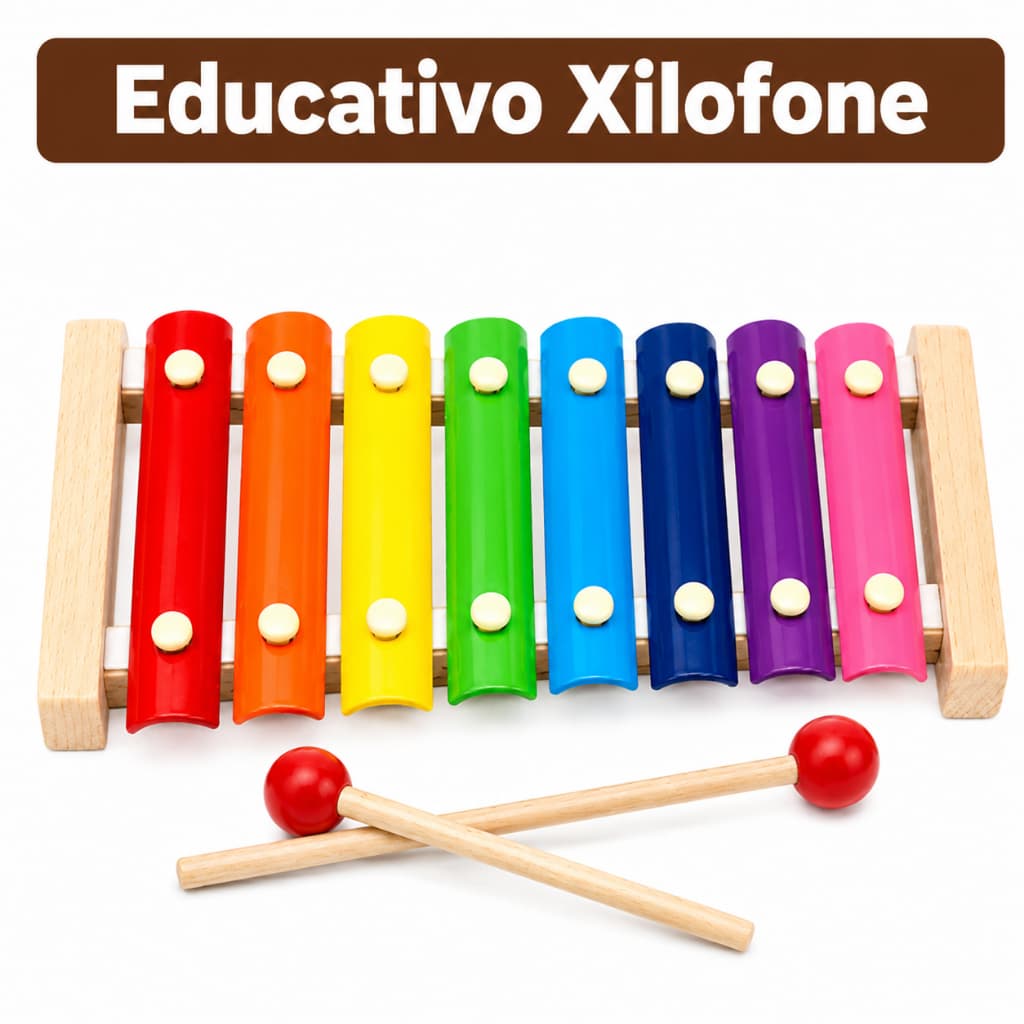 Xilofone Infantil Musical Pedagógico Colorido 8 Notas Com 2 Baquetas