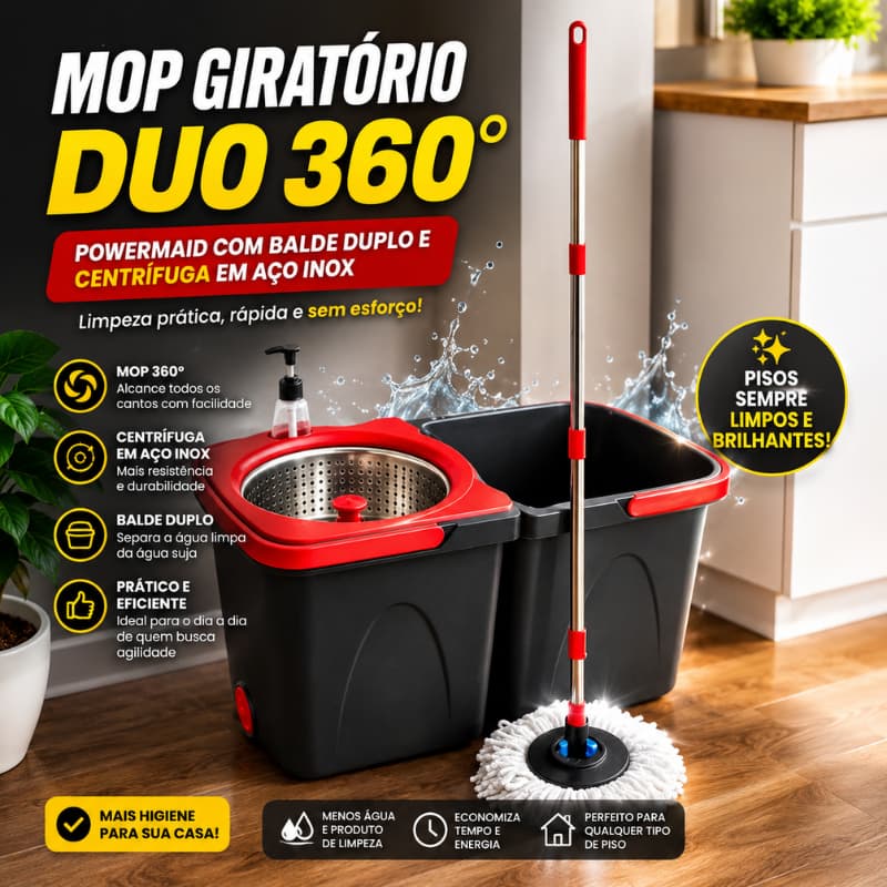 Mop Giratório Duo 360° Powermaid com Balde Duplo e Centrífuga em Aço Inox