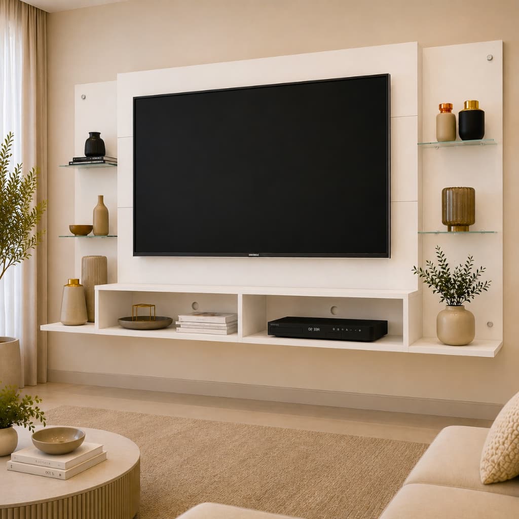 Painel TV 60" c/ prateleiras de vidro Nairóbi Multimóveis Branco
