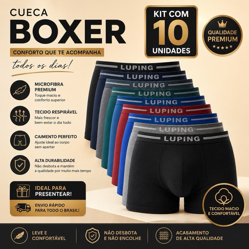 Kit Com 5 ou 10 Cuecas Masculina Boxer Adulto Microfibra Forro 100% Algodão