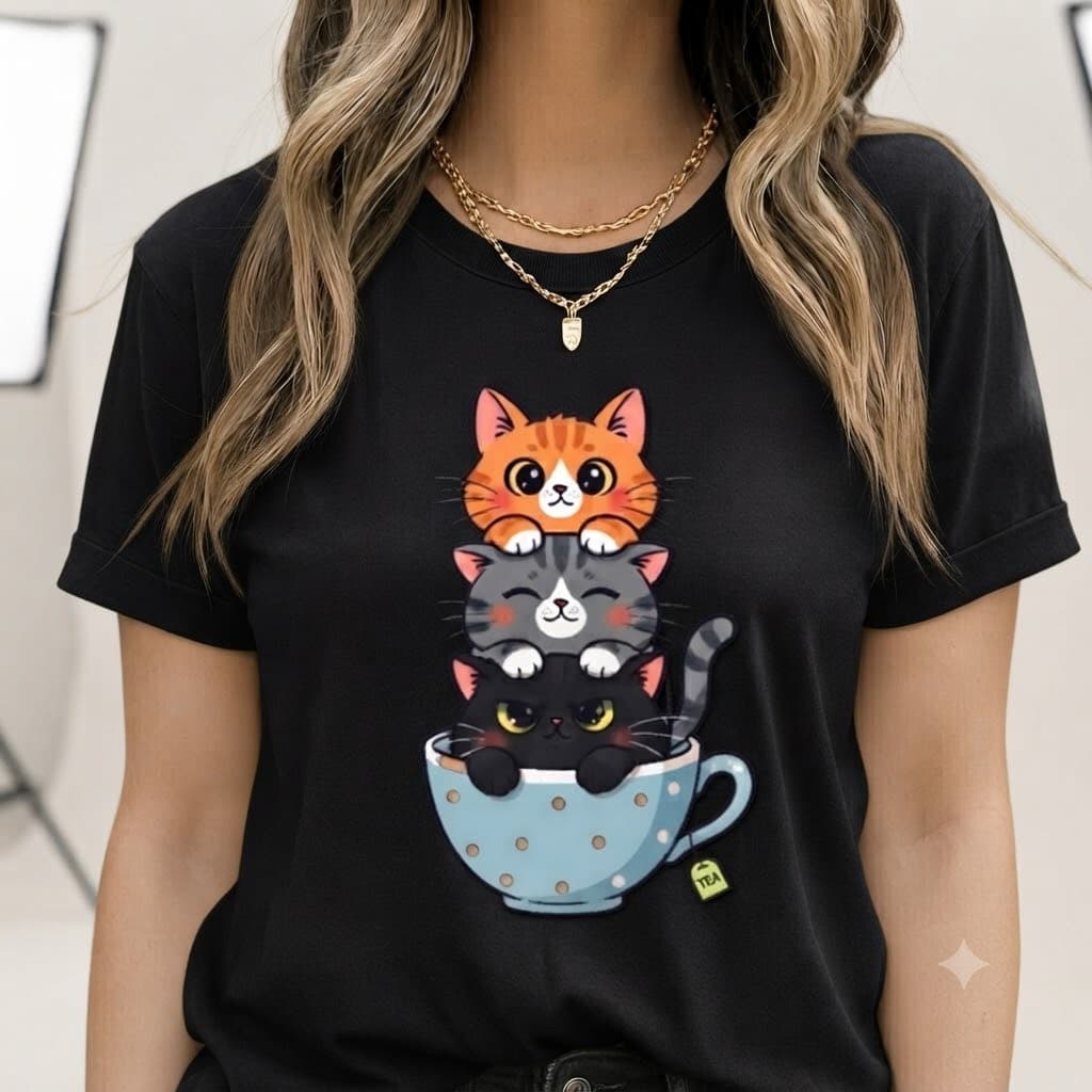Camiseta Feminina Estampada Gatinhos na Xícara Fofos Casual