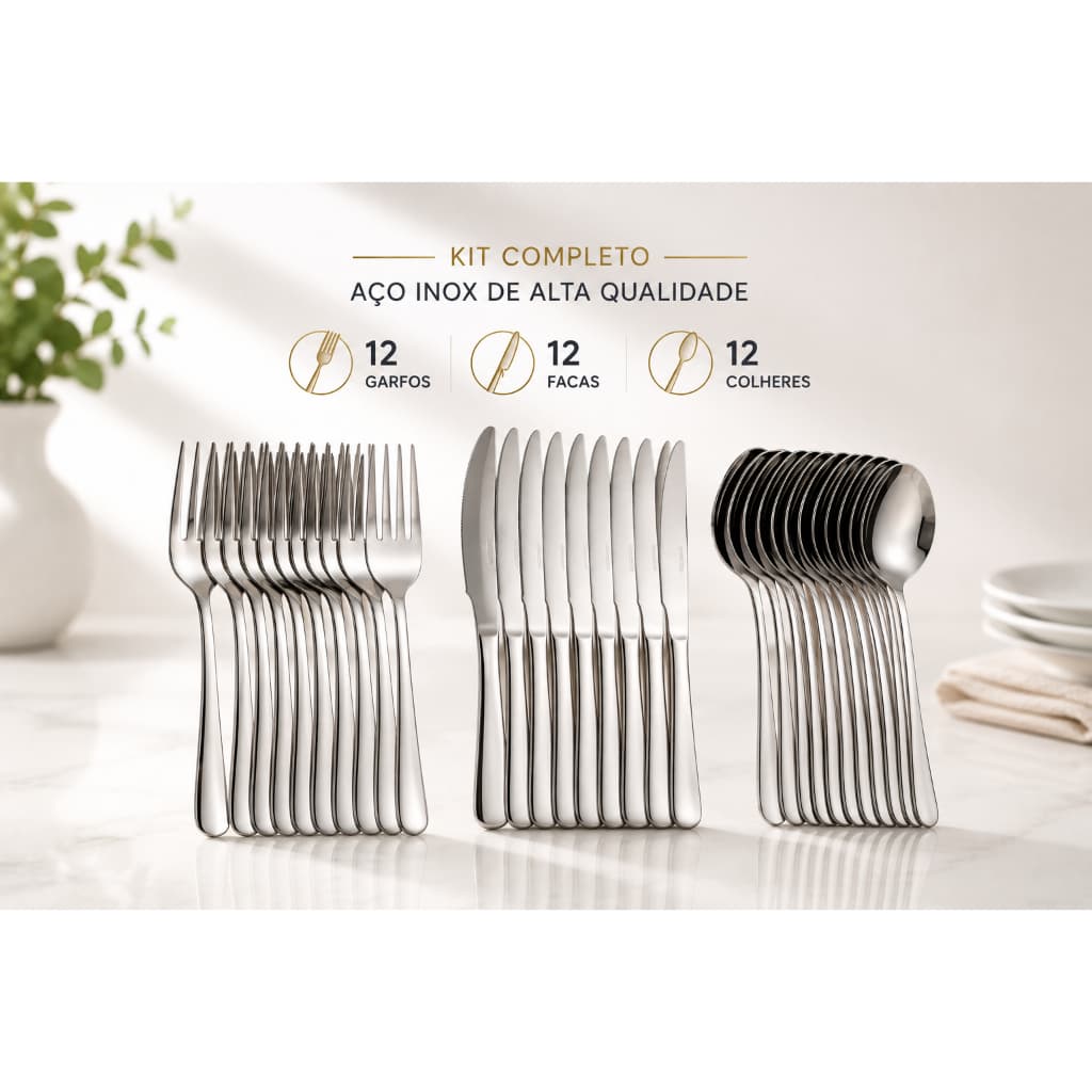 Jogo de Talheres 36 Peças Aço Inox 12 Facas 12 Garfos 12 Colheres Mesa Cozinha