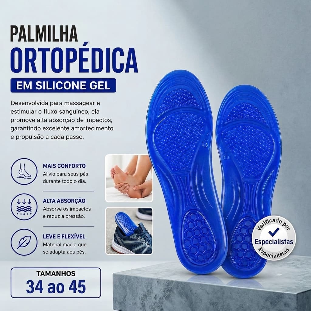 Palmilha Ortopédica Silicone Gel Conforto Anatômica Absorção de Impacto Unissex 34 ao 45