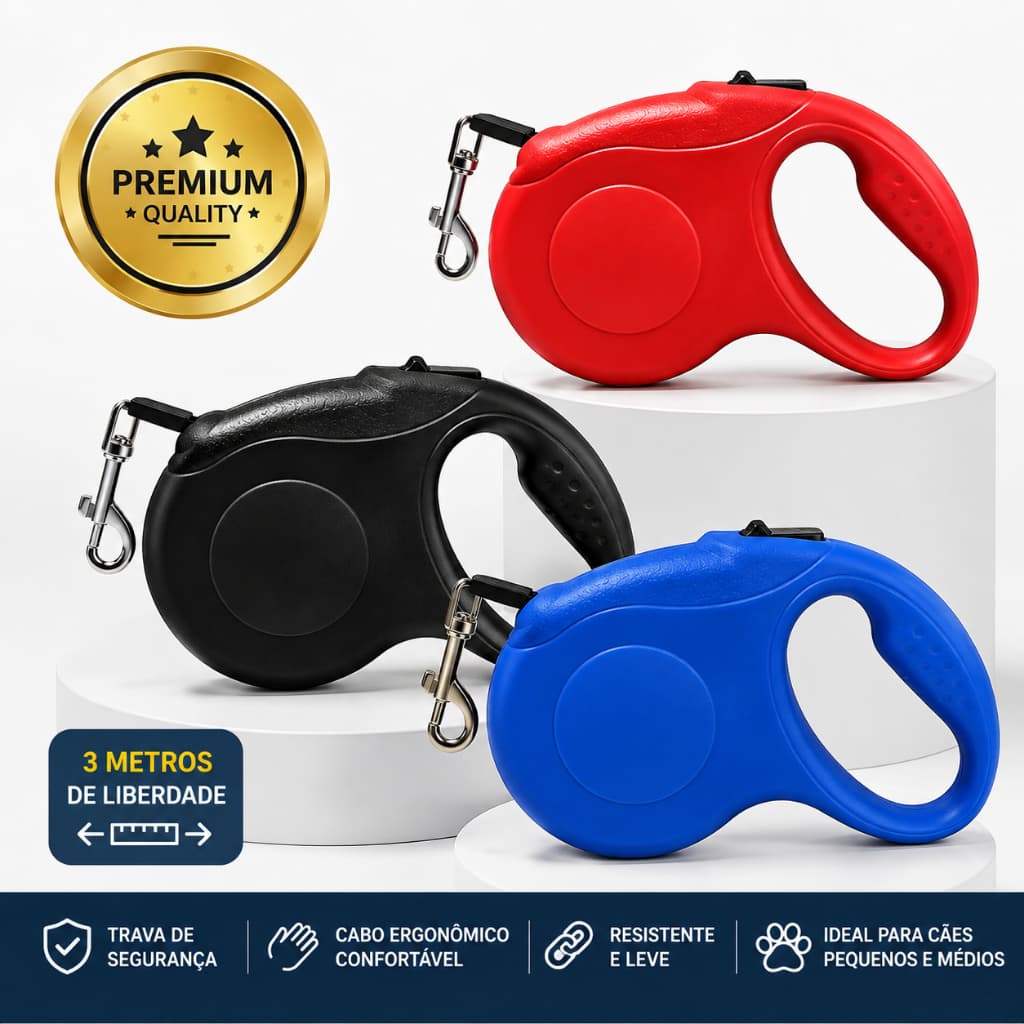 Guia Retrátil Coleira P/ Cachorro 3m com Trava Segurança Cabo Ergonômico para Passeio🐕‍🦺