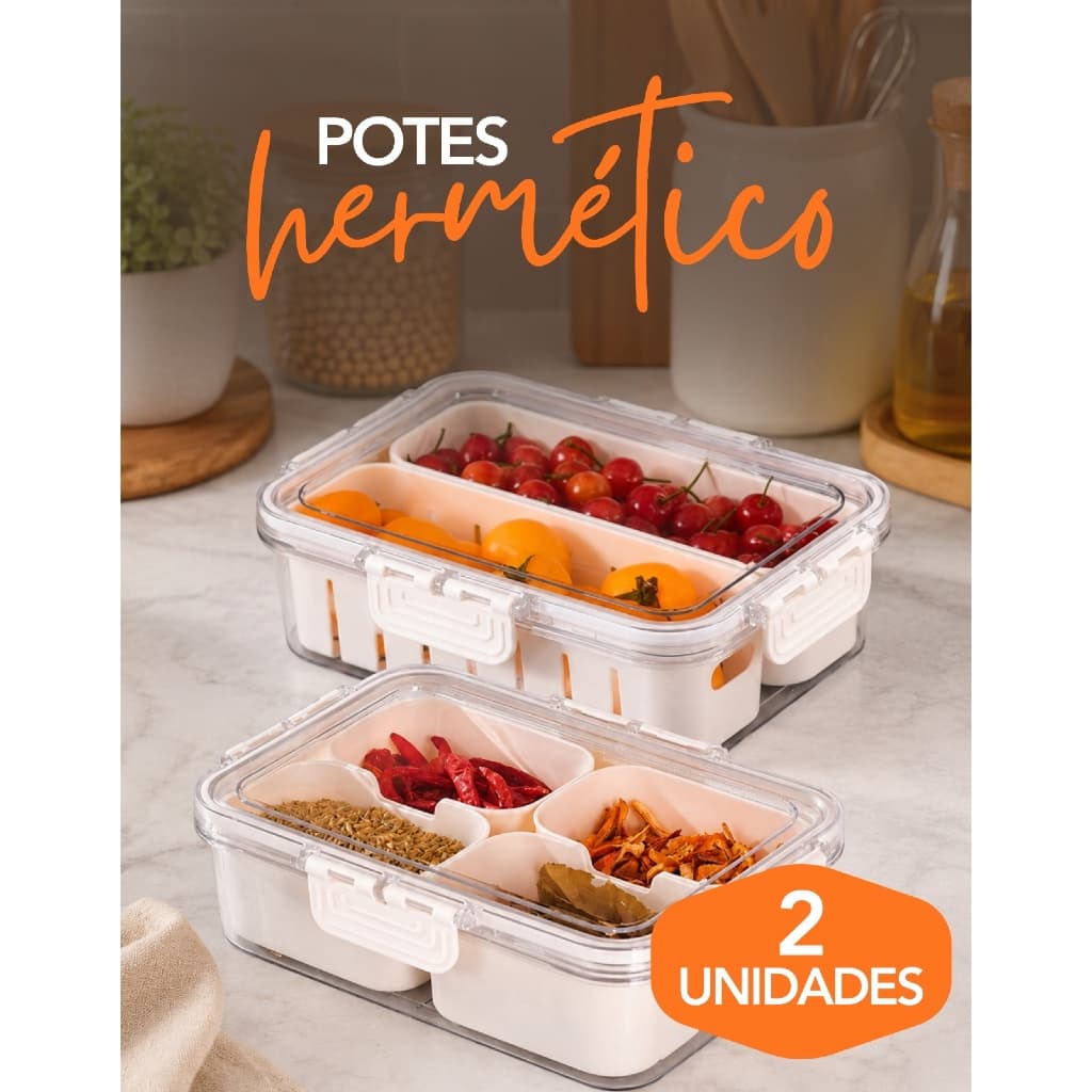 Kit 2 Potes Herméticos Organizador Geladeira Alça 4 Divisórias Cesto Removível Travas de Segurança Frutas Verduras
