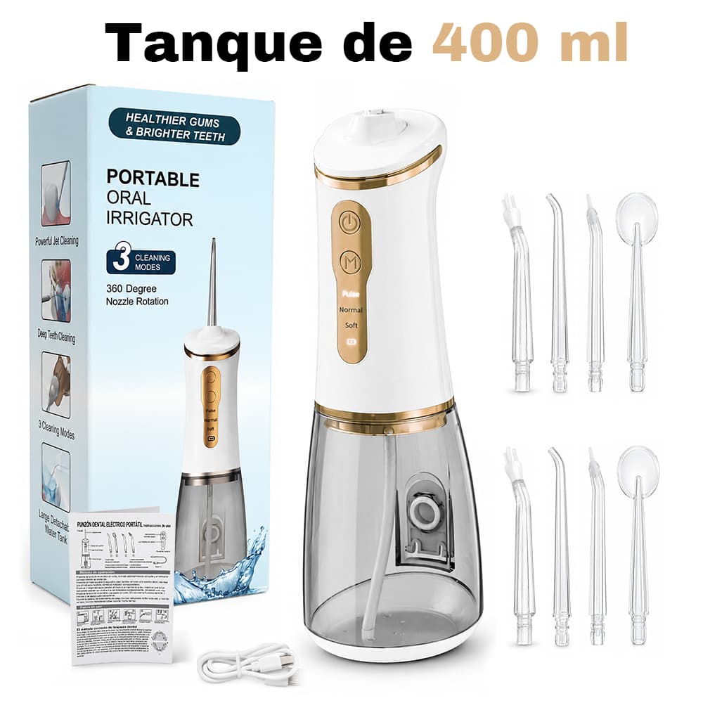 Irrigador Oral Portátil Jato de Água Dental Tanque 400ml com 3 Modos e 8 Bicos Recarregável