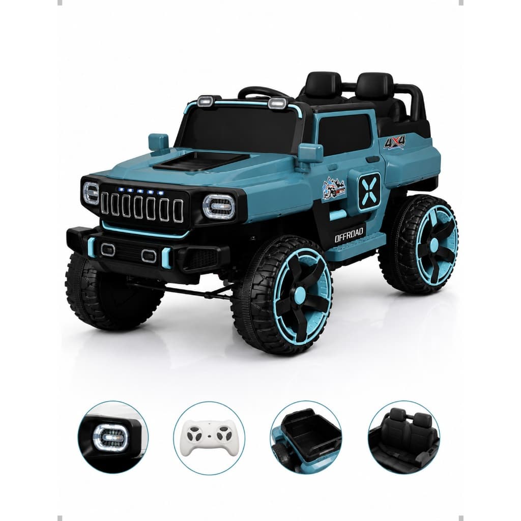 Carro Elétrico Infantil 2 Lugares Off Road 12V Controle Remoto LED USB MP3 Azul Até 30kg