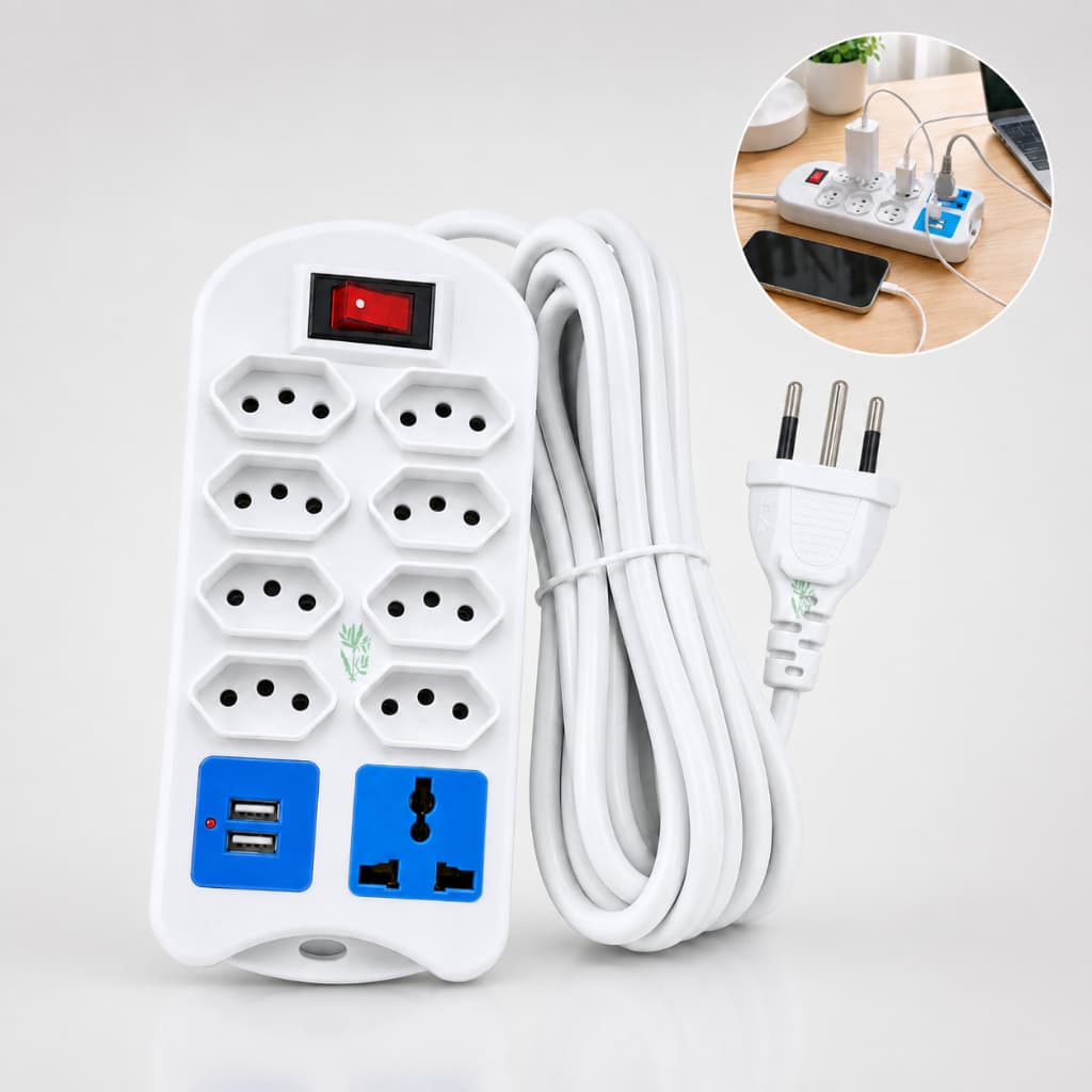 Régua Filtro de Linha Extensão Elétrica 2m ou 5m 8 ou 9 Tomadas Entradas USB Interruptor